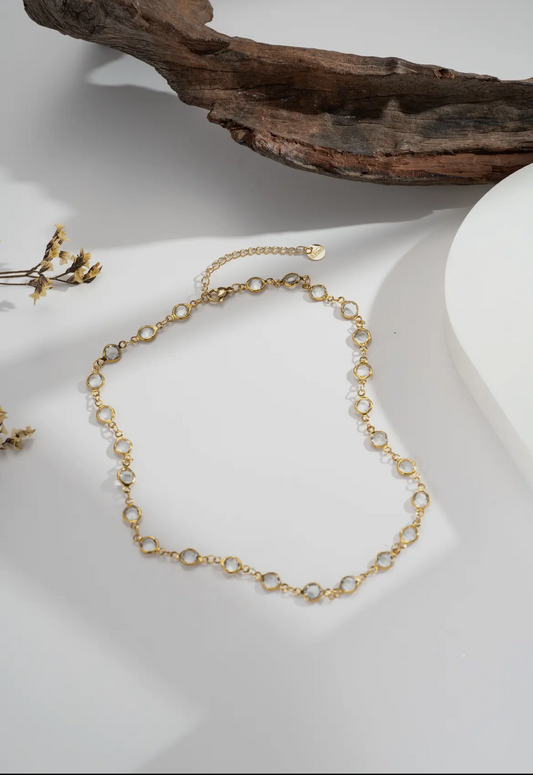 Collier doré -Pampilles cristal rondes.